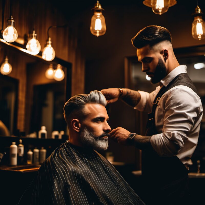 A barber cutting a seated client's hair with scissors and comb